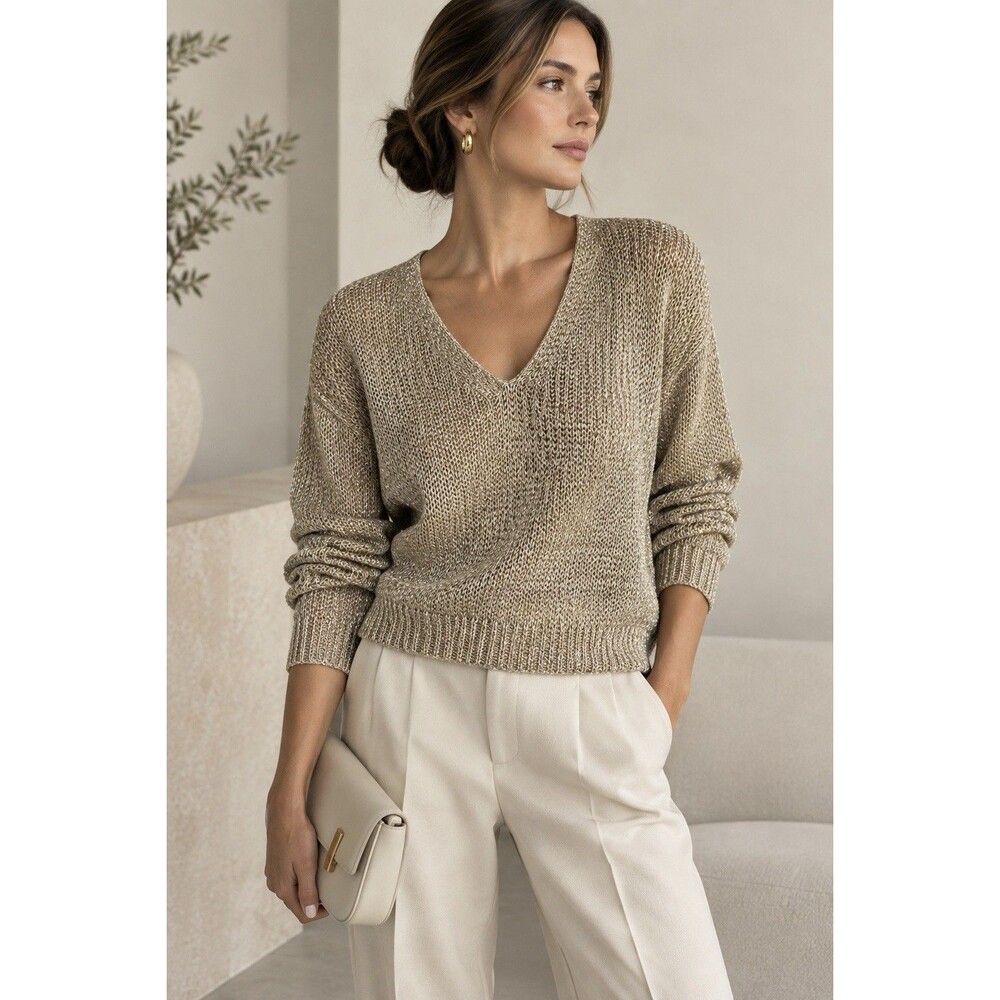 Ralph Lauren Gold Metallic Open Knit V-Neck Sweater Medium Open Weave Shimmer M⁠